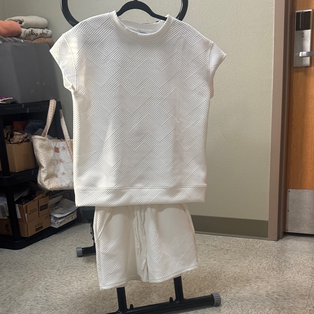 White Textured Top and Shorts Set